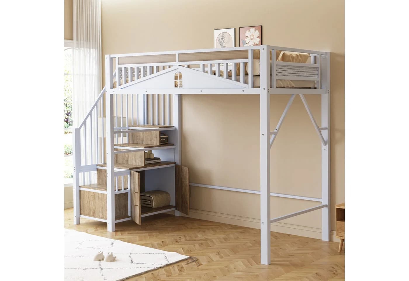 Flieks Hochbett aus Metall mit Stauraumtreppe und Sicherheitszaun - Bild 3