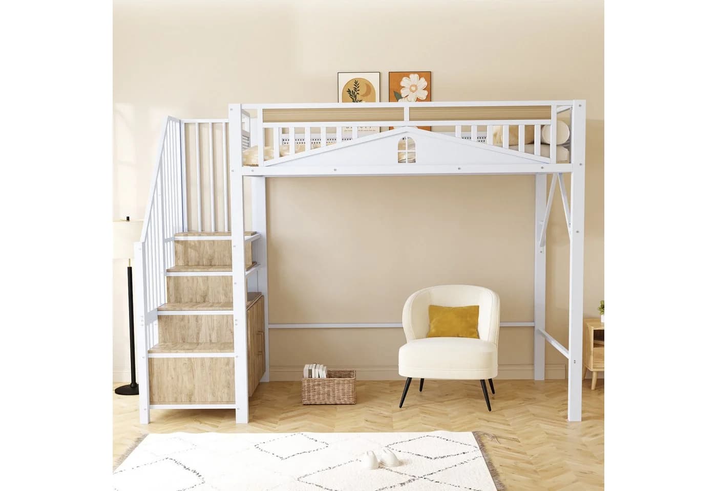 Flieks Hochbett aus Metall mit Stauraumtreppe und Sicherheitszaun - Bild 4