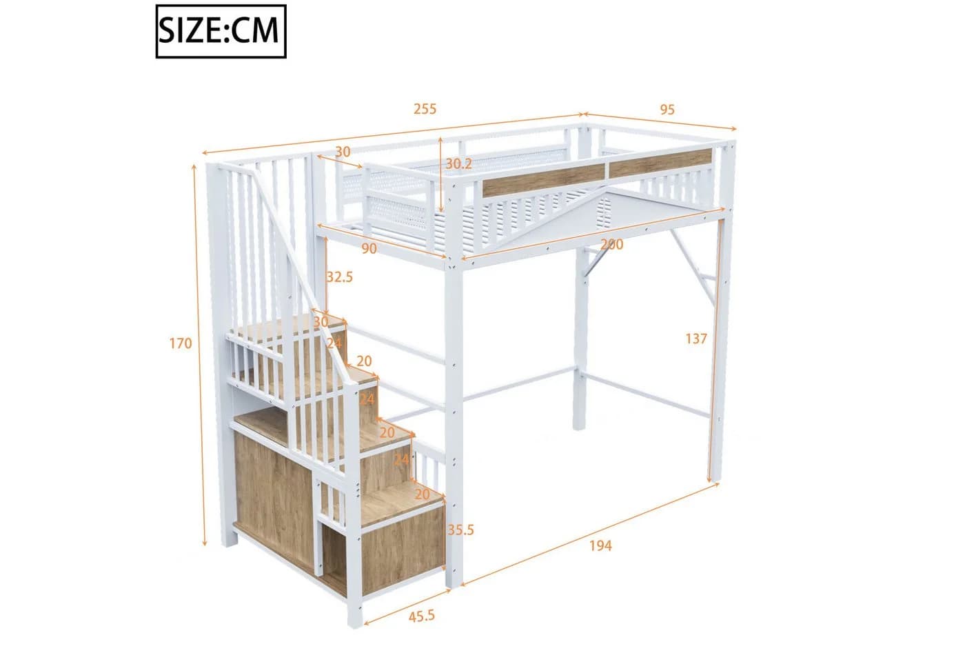 Flieks Hochbett aus Metall mit Stauraumtreppe und Sicherheitszaun - Bild 5