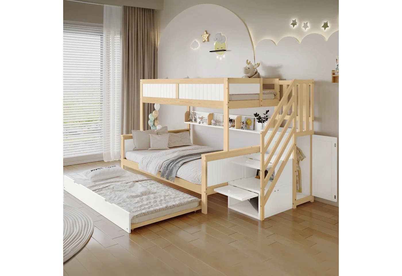 Flieks Etagenbett mit Stauraumtreppe und Ausziehbett