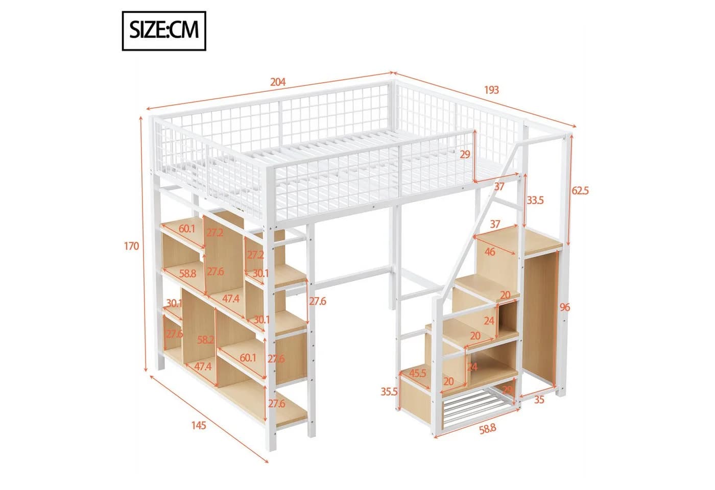Flieks Hochbett Metall 140x200 Stauraumtreppe Ablageregal - Bild 4
