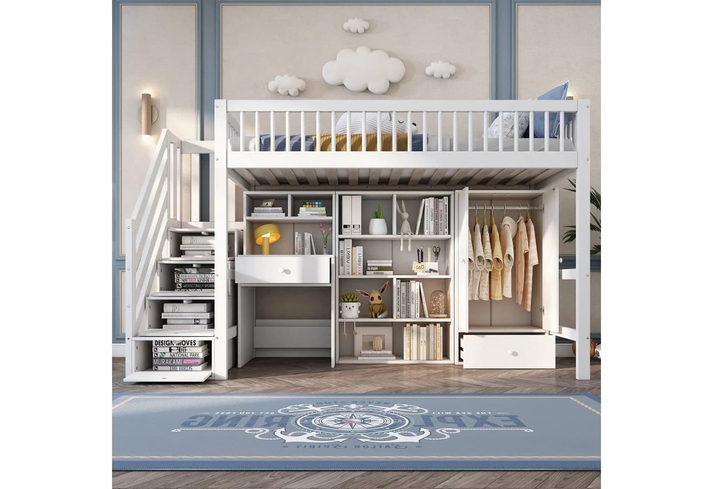 Flieks Hochbett Kinderbett mit Schreibtisch und Schrank Weiß
