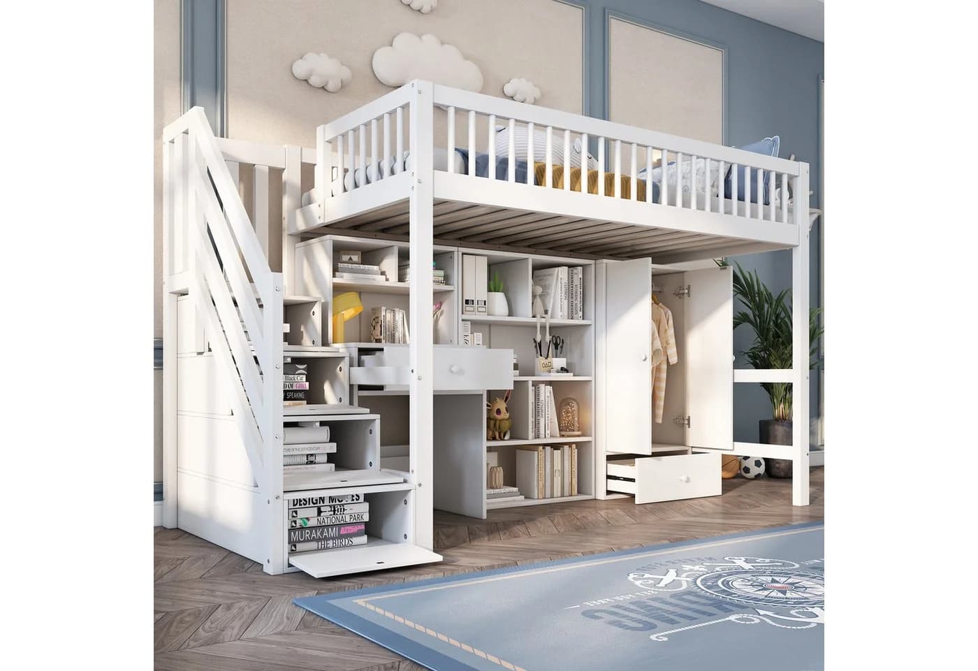 Flieks Hochbett Kinderbett mit Schreibtisch und Schrank Weiß - Bild 2