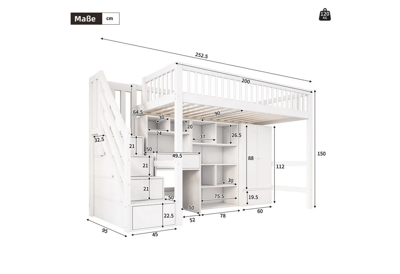 Flieks Hochbett Kinderbett mit Schreibtisch und Schrank Weiß - Bild 3