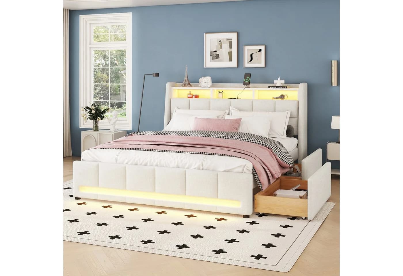 Flieks Polsterbett 140x200cm Beige LED APP-Steuerung Schubladen