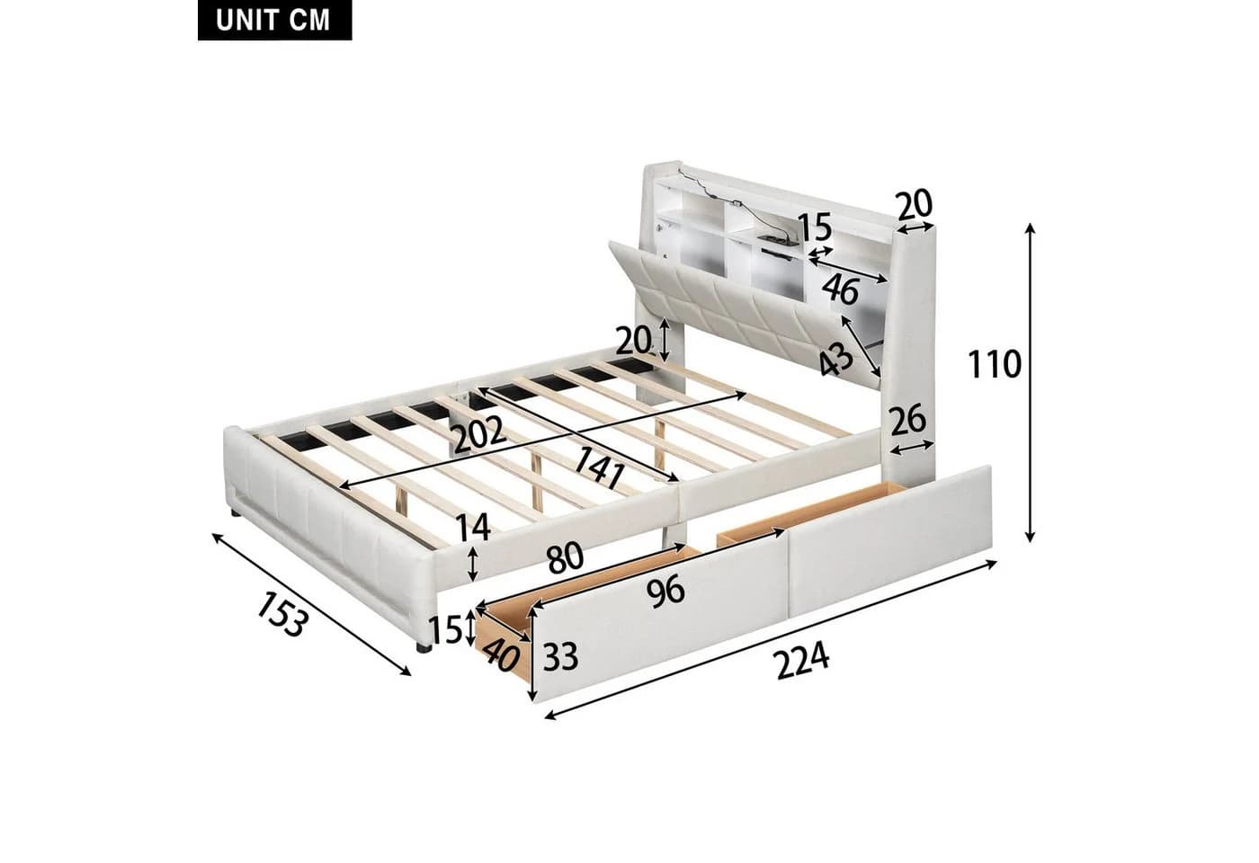 Flieks Polsterbett 140x200cm Beige LED APP-Steuerung Schubladen - Bild 5