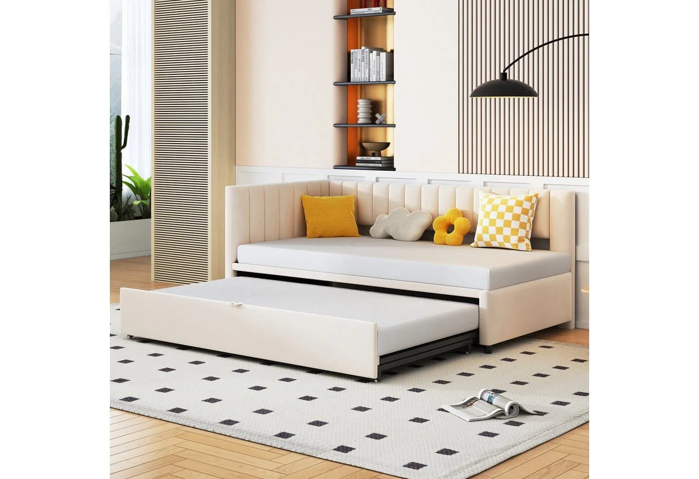Flieks L-förmiges Polsterbett mit Ausziehbett Beige Samt