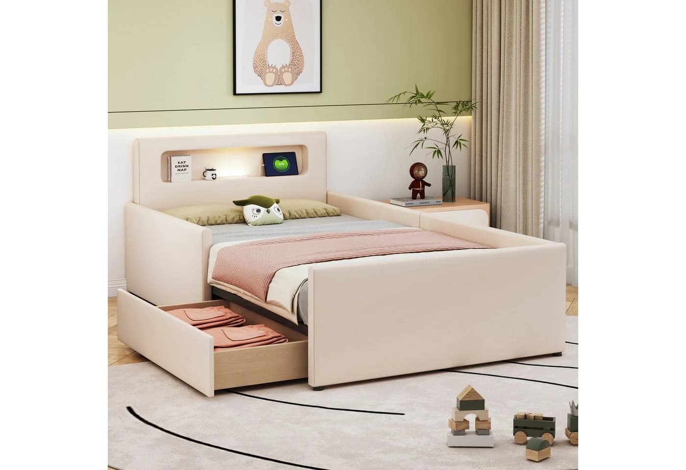 Flieks Polsterbett Kinderbett 90x200cm mit Schublade, Nachtlicht und USB-Ladeanschluss - Bild 2