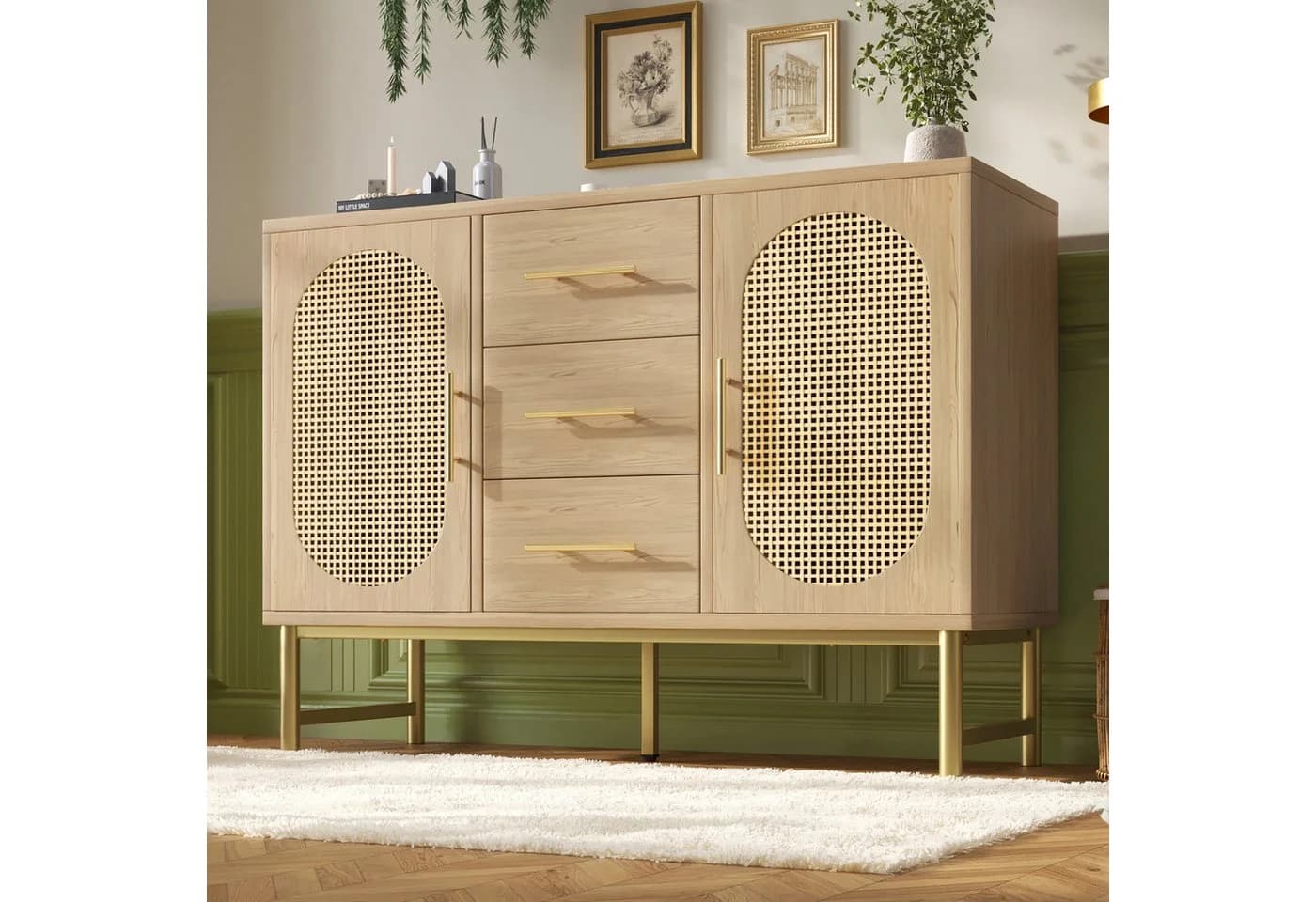 Flieks Kommode, Schrank Sideboard mit 3 Schubladen 2 Türen Rattan Eiche