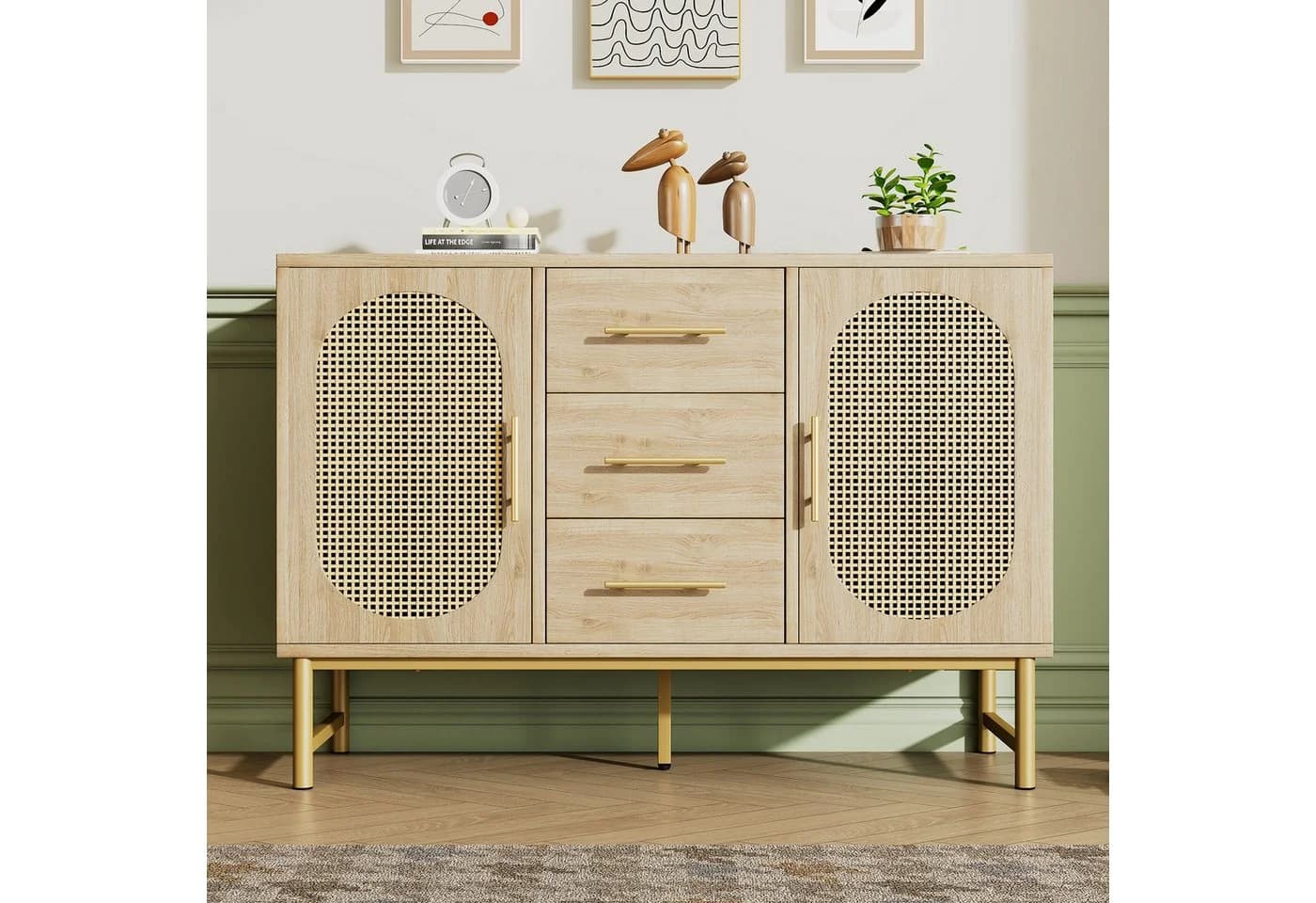 Flieks Kommode, Schrank Sideboard mit 3 Schubladen 2 Türen Rattan Eiche - Bild 4
