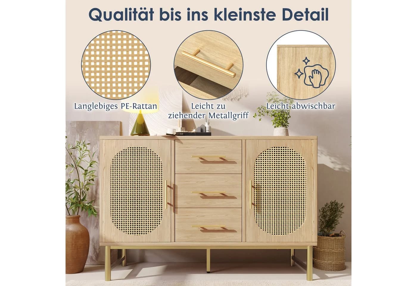 Flieks Kommode, Schrank Sideboard mit 3 Schubladen 2 Türen Rattan Eiche - Bild 5