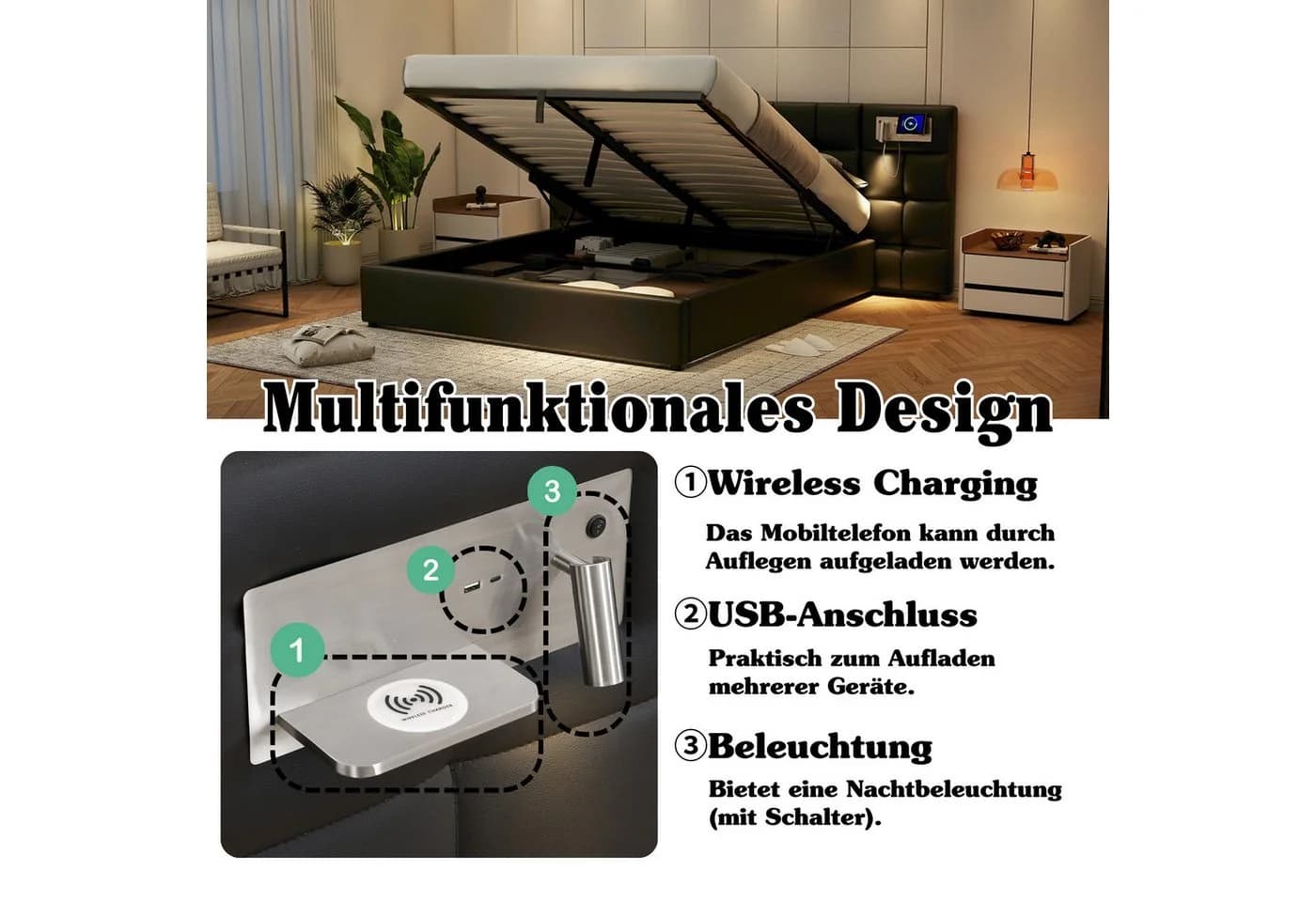 Flieks Polsterbett Schwarz mit hydraulischem Stauraum und Leselicht - Bild 4
