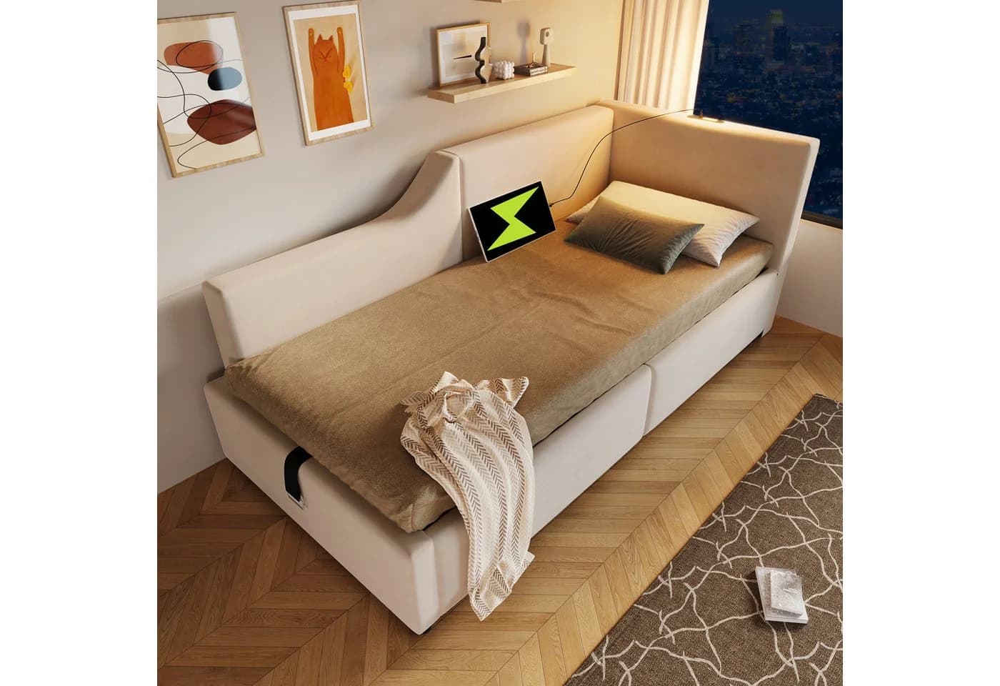 Flieks Polsterbett Daybett Beige mit Stauraum und Leselicht