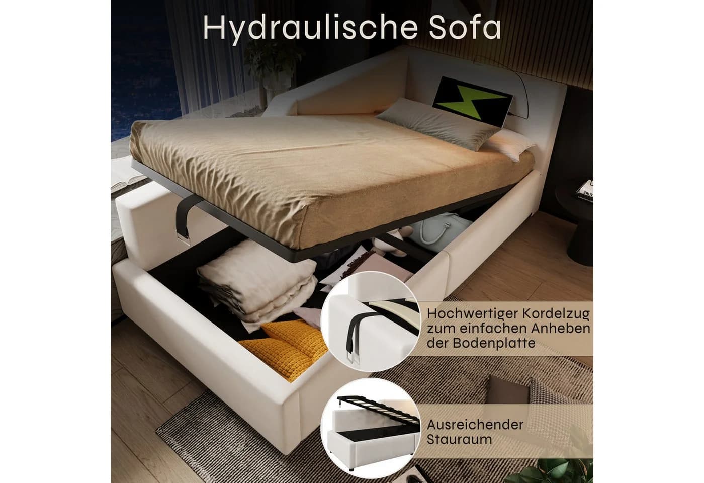 Flieks Polsterbett Daybett Beige mit Stauraum und Leselicht - Bild 5