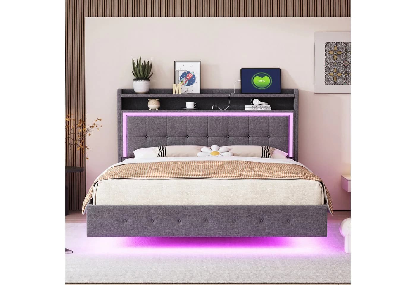 Flieks Polsterbett mit LED, USB-Laden & Stauraum Grau Leinen