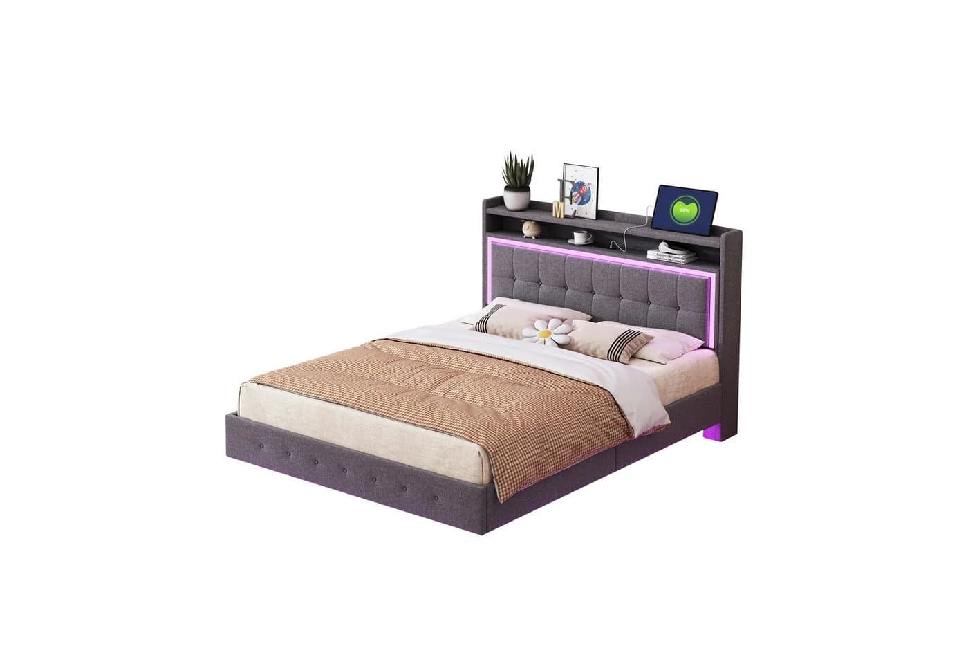 Flieks Polsterbett mit LED, USB-Laden & Stauraum Grau Leinen - Bild 2