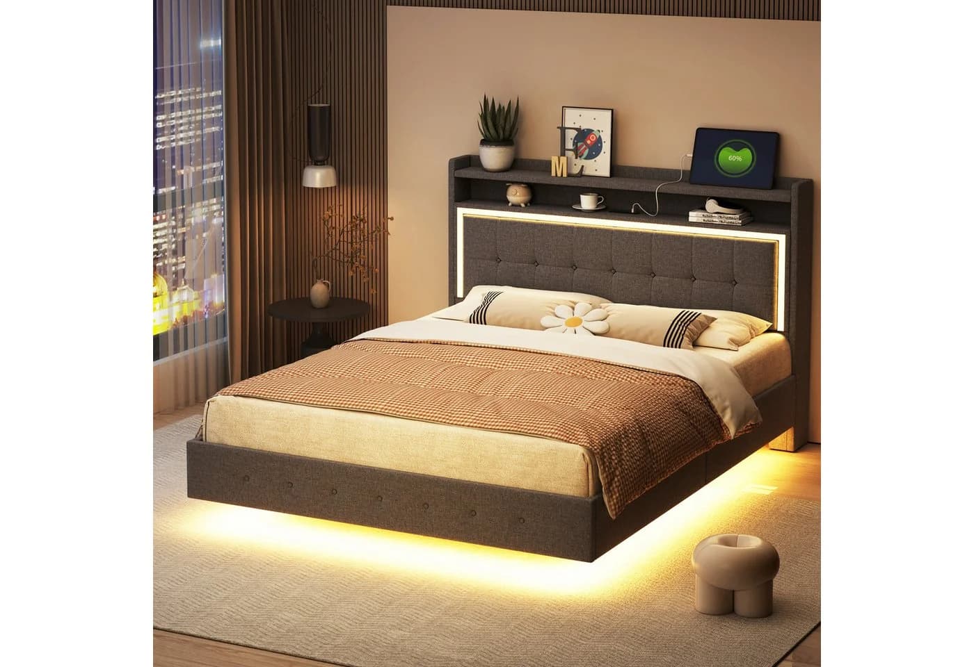Flieks Polsterbett mit LED, USB-Laden & Stauraum Grau Leinen - Bild 3
