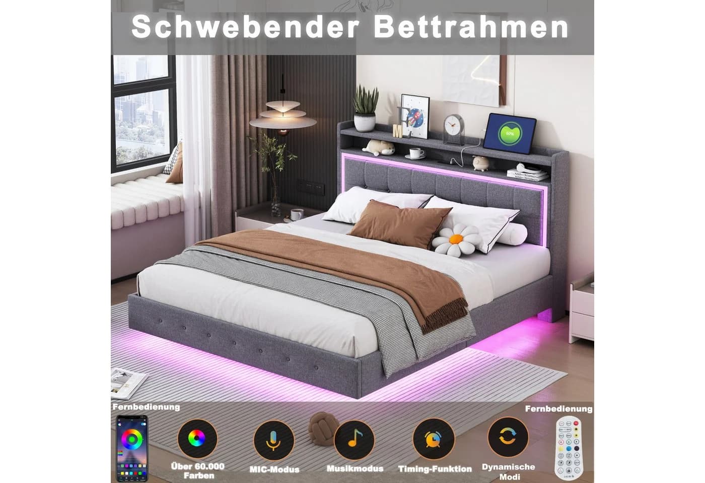 Flieks Polsterbett mit LED, USB-Laden & Stauraum Grau Leinen - Bild 4