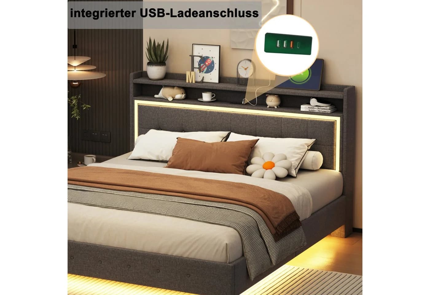 Flieks Polsterbett mit LED, USB-Laden & Stauraum Grau Leinen - Bild 5