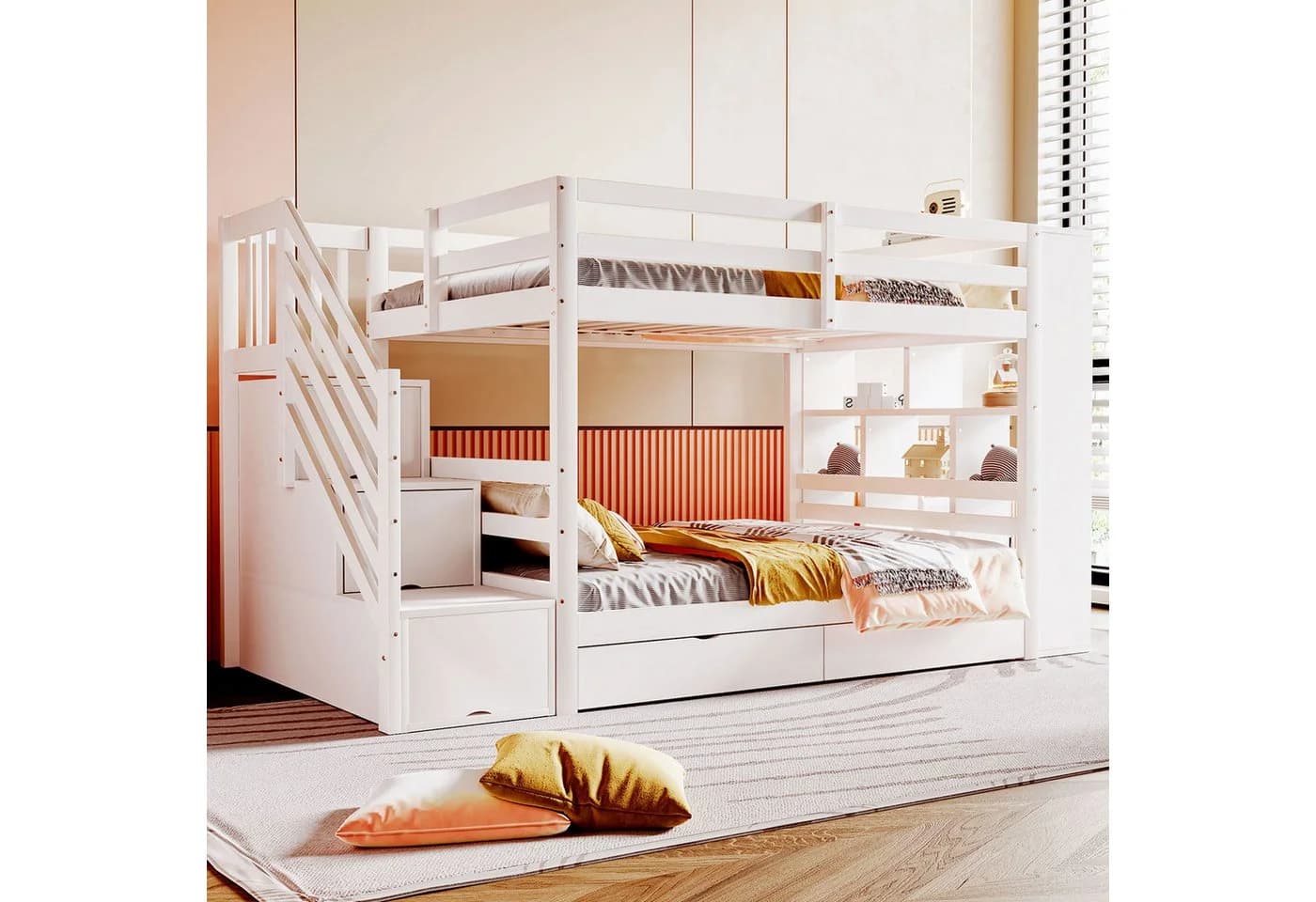 Flieks Etagenbett Kinderbett Weiß mit Stauraumtreppe und Schubladen