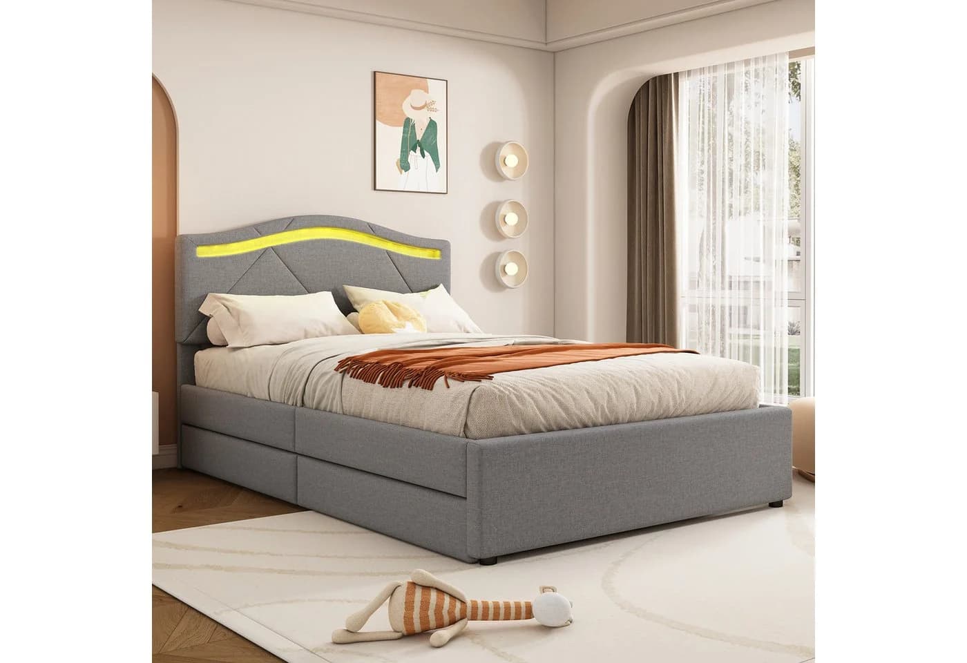 Flieks Polsterbett LED Einzelbett 90x200cm mit 2 Schubladen und verstellbarem Kopfteil