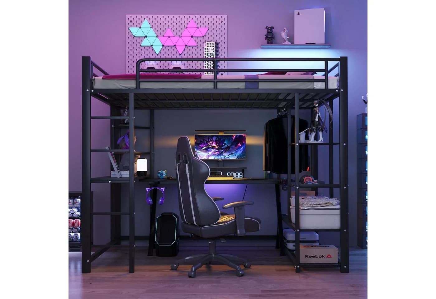 Flieks Hochbett Kinderbett Metallbett Schwarz mit Tisch und Stauraum