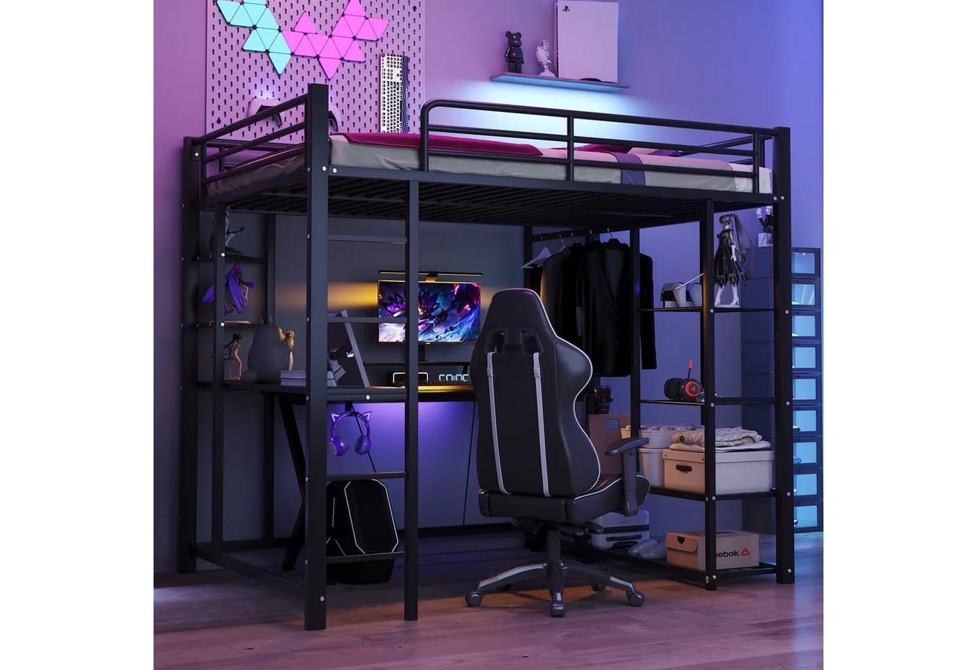 Flieks Hochbett Kinderbett Metallbett Schwarz mit Tisch und Stauraum - Bild 2