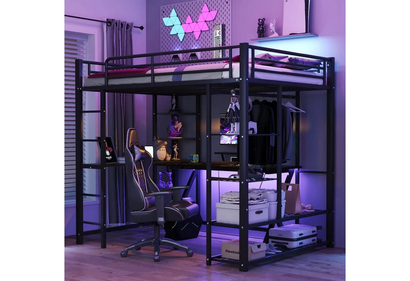 Flieks Hochbett Kinderbett Metallbett Schwarz mit Tisch und Stauraum - Bild 3