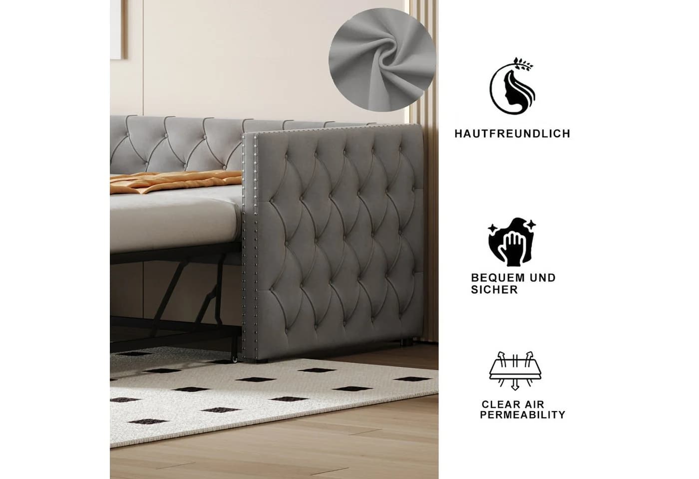 Flieks Daybett Samt Grau Schlafsofa mit Unterbett - Bild 4