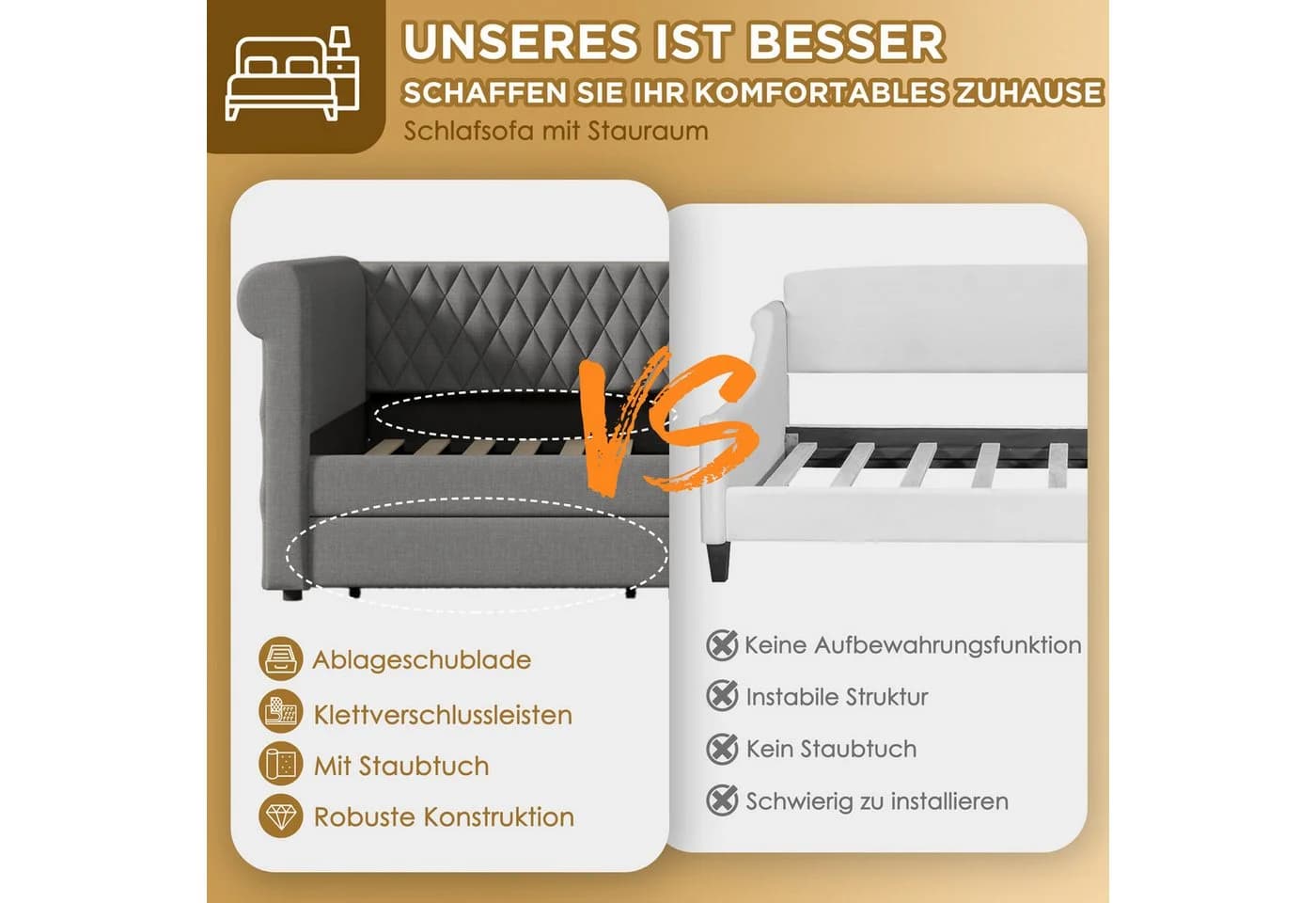 Flieks Daybett Grau mit 2 Schubladen und Leinenbezug - Bild 5