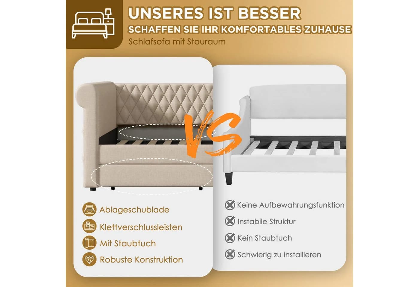 Flieks Daybett Polsterbett mit Schubladen Beige Leinen - Bild 5