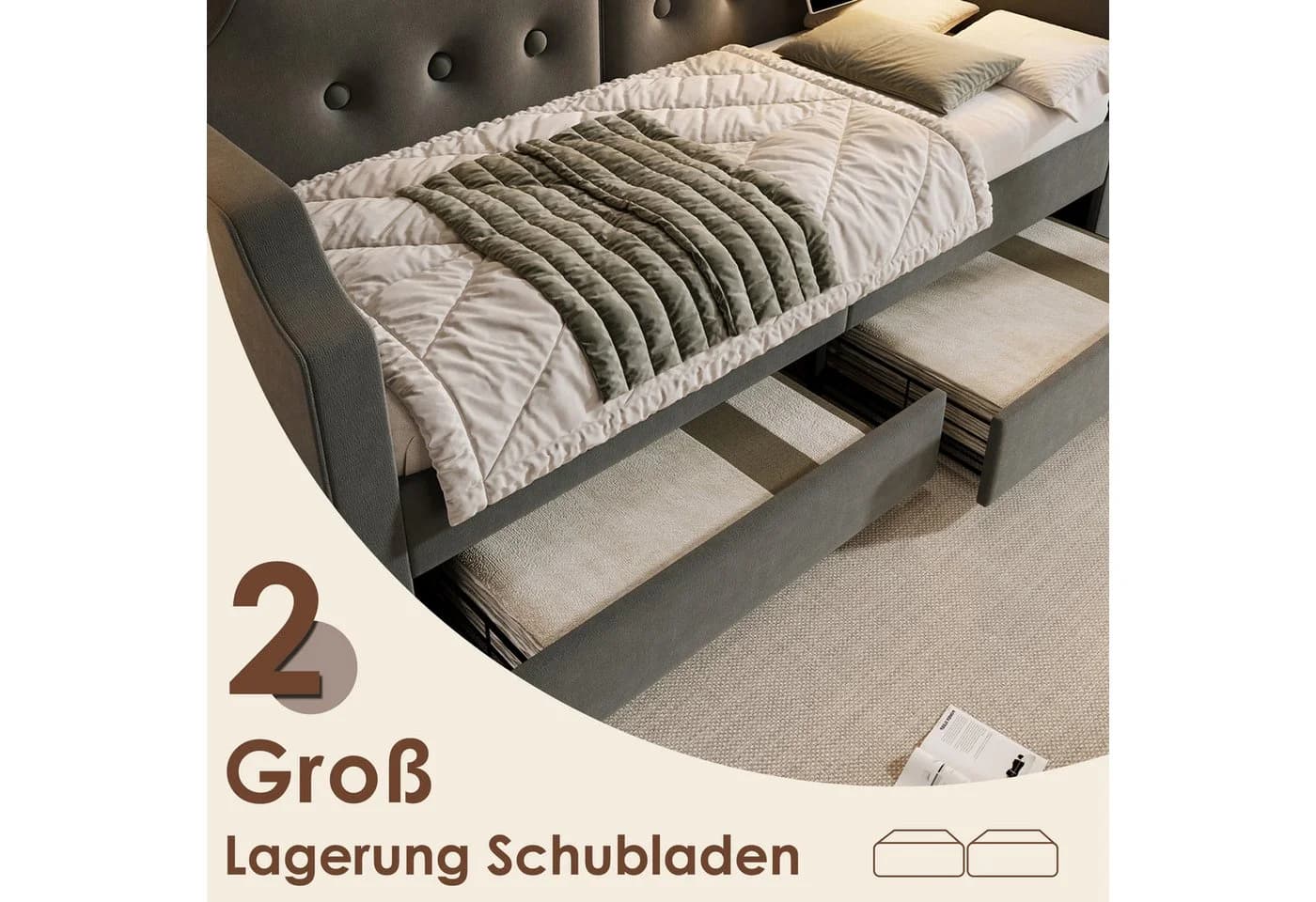 Flieks Daybett Grau Samt mit Schubladen und Leselicht - Bild 4