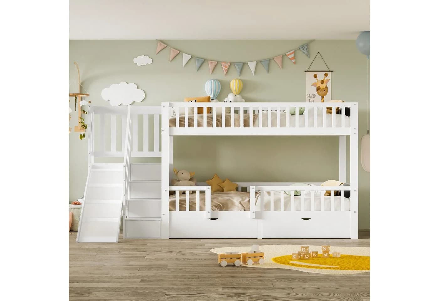 Flieks Etagenbett mit Rutsche, Treppe und 2 Schubladen