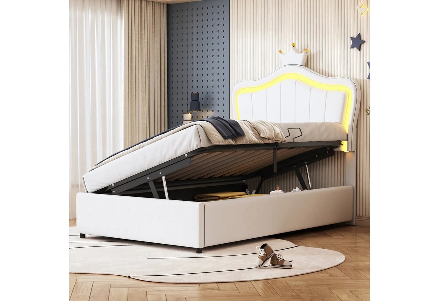 Flieks LED Kinderbett 90x200cm Krone Kopfteil Kunstleder