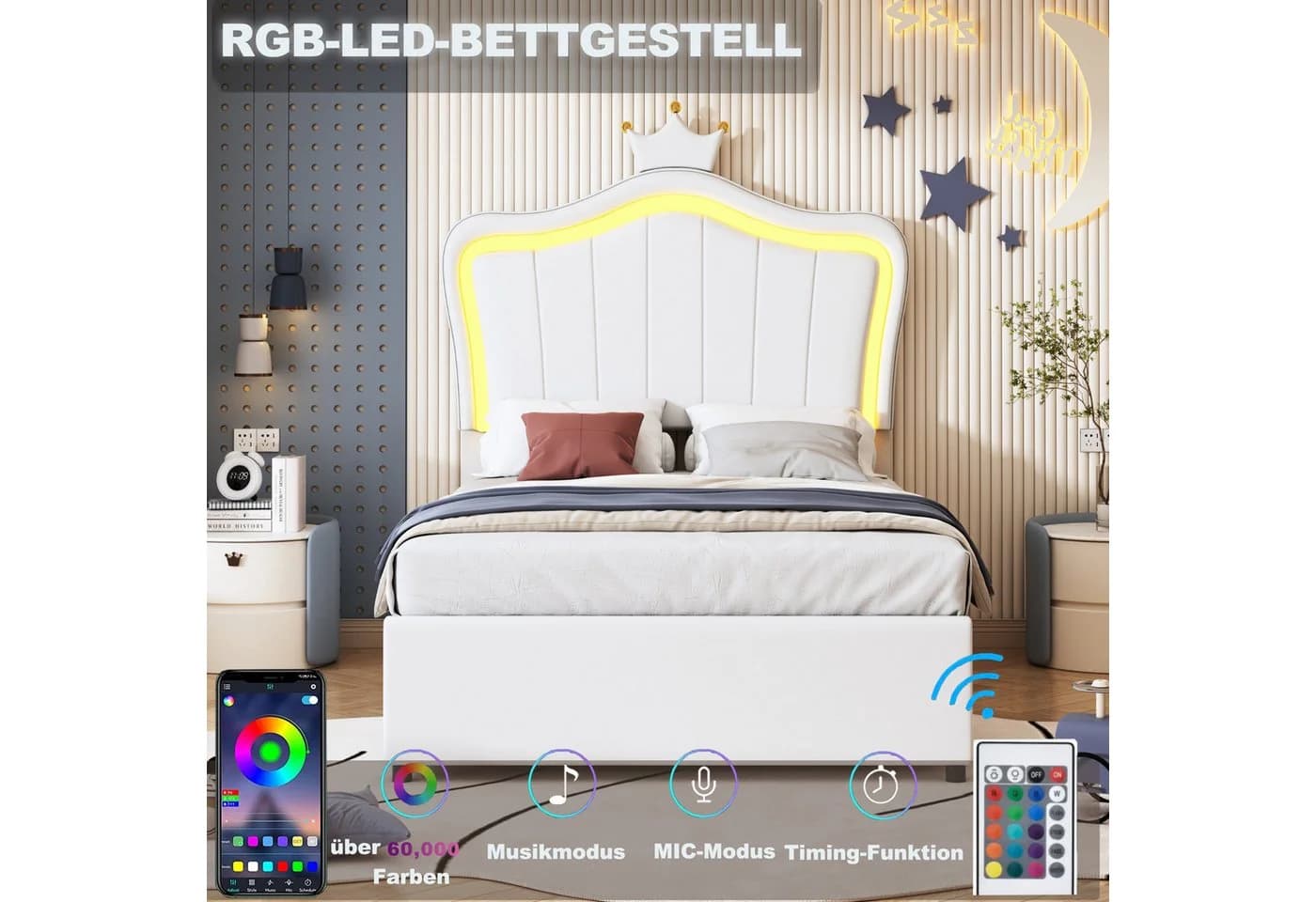 Flieks LED Kinderbett 90x200cm Krone Kopfteil Kunstleder - Bild 3