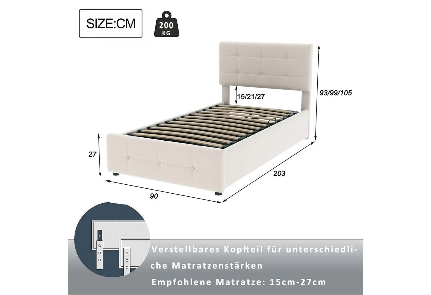 Flieks Polsterbett Hydraulisches Stauraumbett Beige Samt - Bild 4