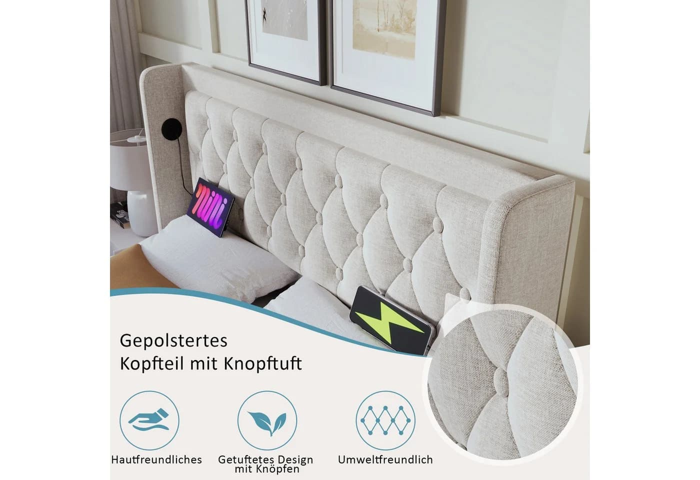 Flieks Polsterbett Beige Hydraulisches Stauraumbett mit LED - Bild 4