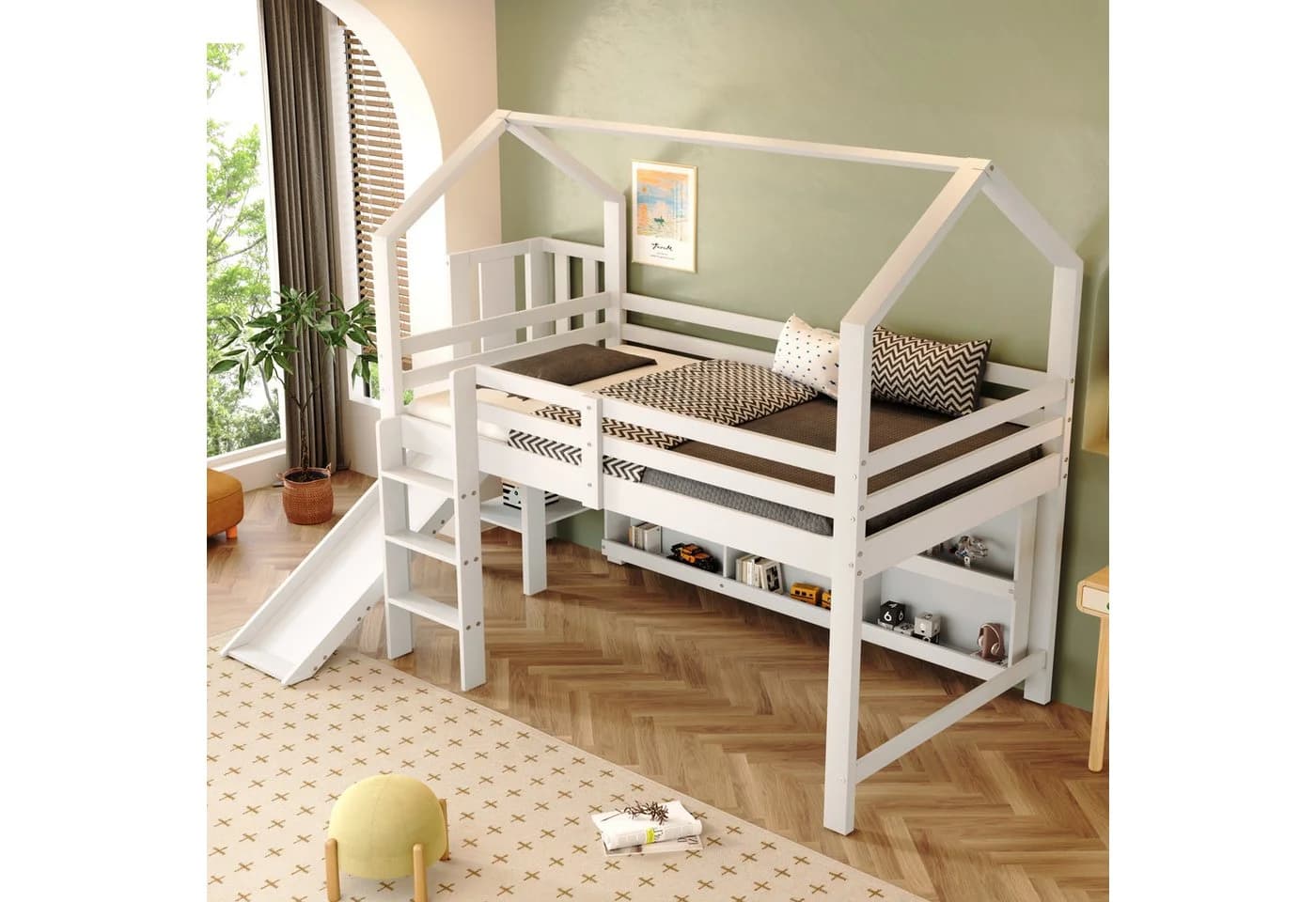 Flieks Hochbett Kinderbett mit Rutsche und Schrank Weiß