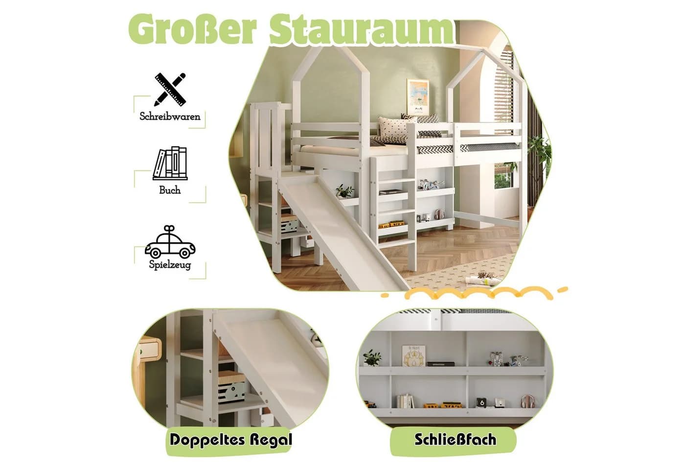 Flieks Hochbett Kinderbett mit Rutsche und Schrank Weiß - Bild 5