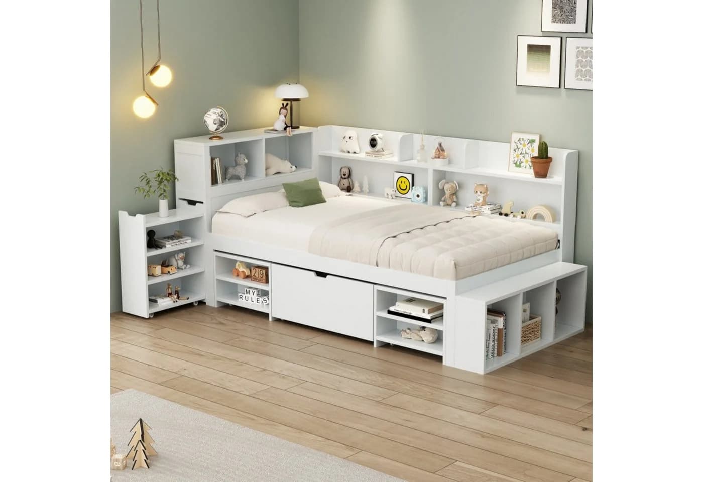 Flieks Kinderbett 90x200cm mit Schubladen, Bücherregal & Stauschrank Weiß - Bild 3