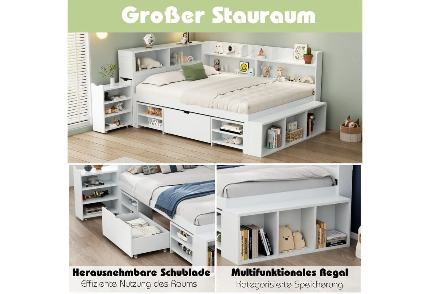 Flieks Kinderbett 90x200cm mit Schubladen, Bücherregal & Stauschrank Weiß - Bild 4