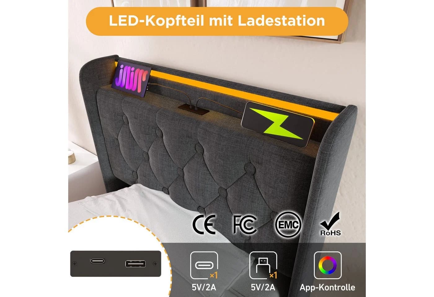 Flieks Polsterbett LED Hydraulisches Stauraumbett Grau - Bild 5