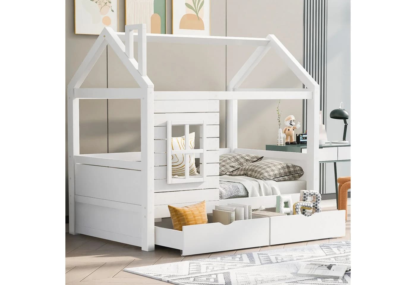 Flieks Hausbett Kinderbett Weiß Massivholz mit Schubladen - Bild 2