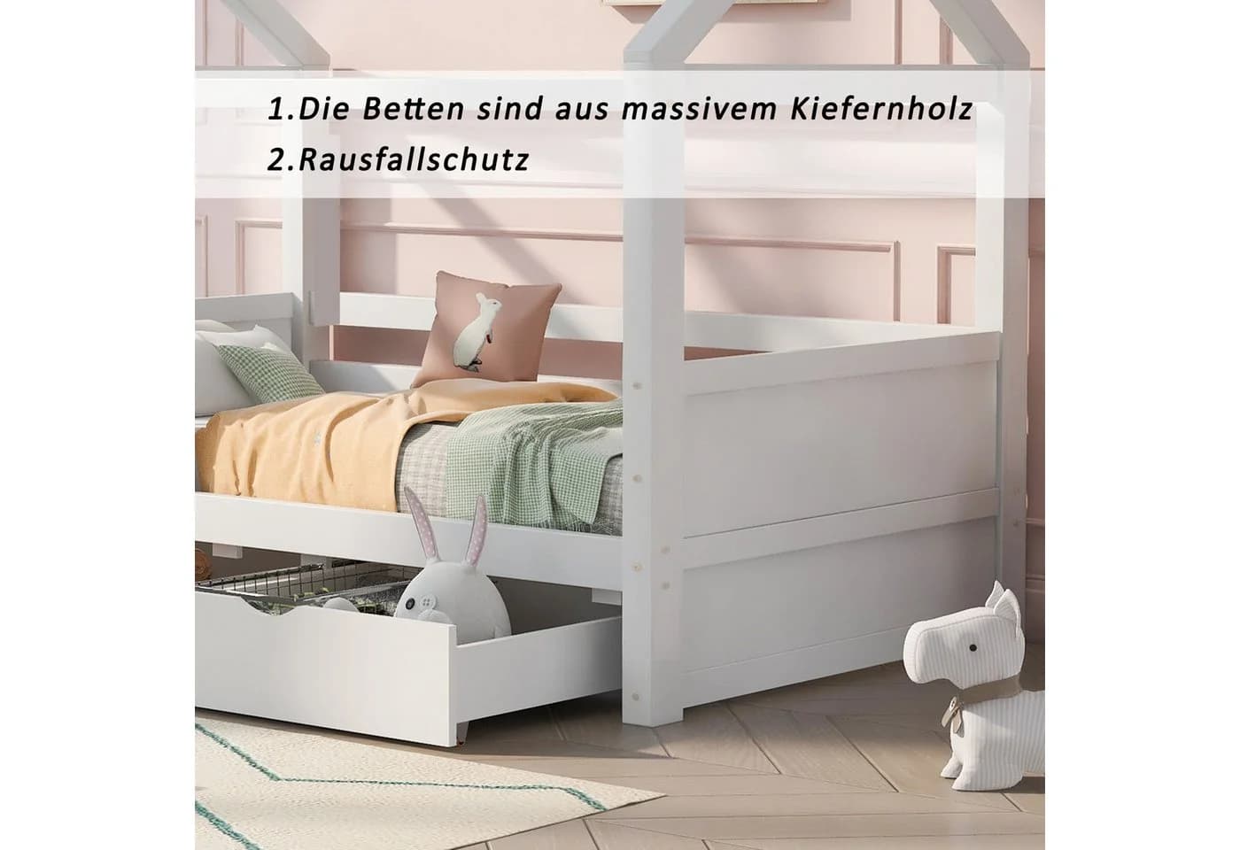 Flieks Hausbett Kinderbett Weiß Massivholz mit Schubladen - Bild 5