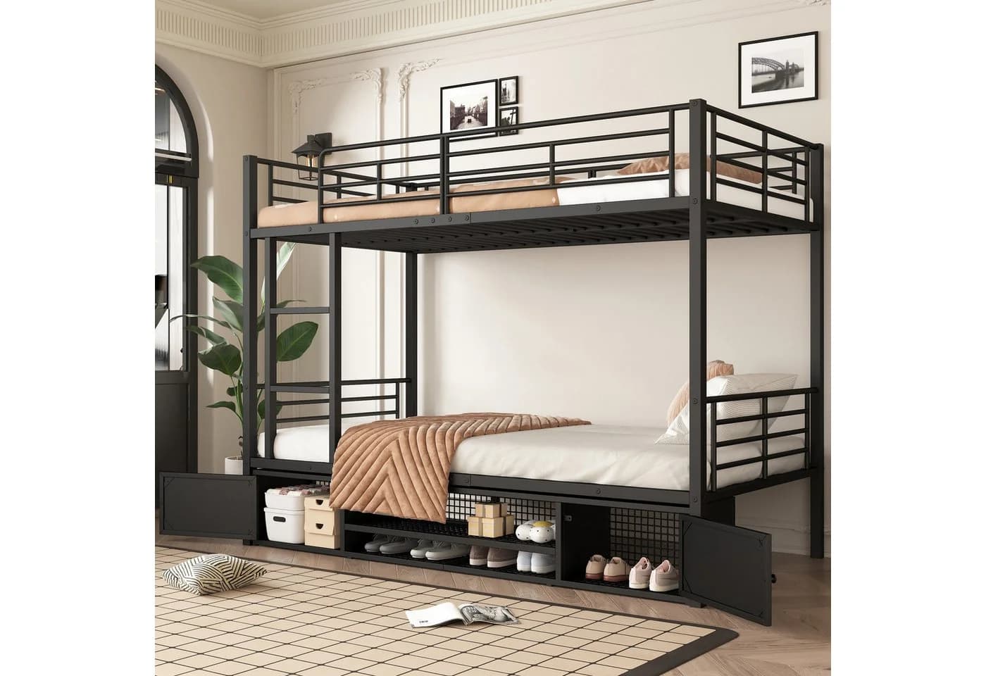 Flieks Etagenbett Schwarz Metall mit Stauraum und Leiter