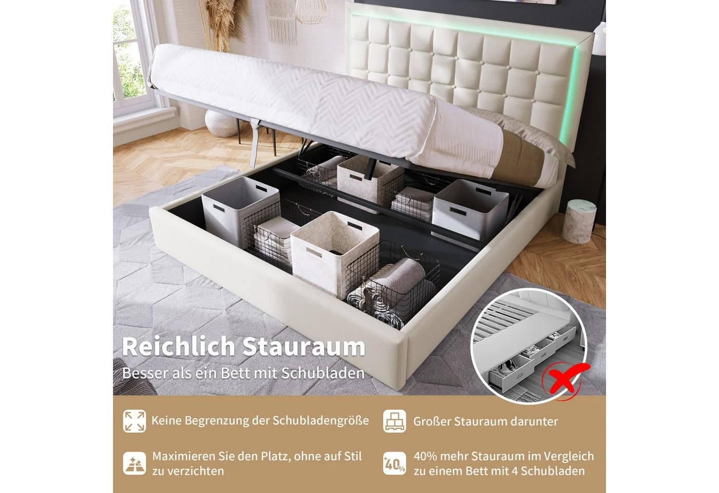 Flieks Stauraumbett mit LED-Beleuchtung und Kunstleder-Bezug - Bild 4