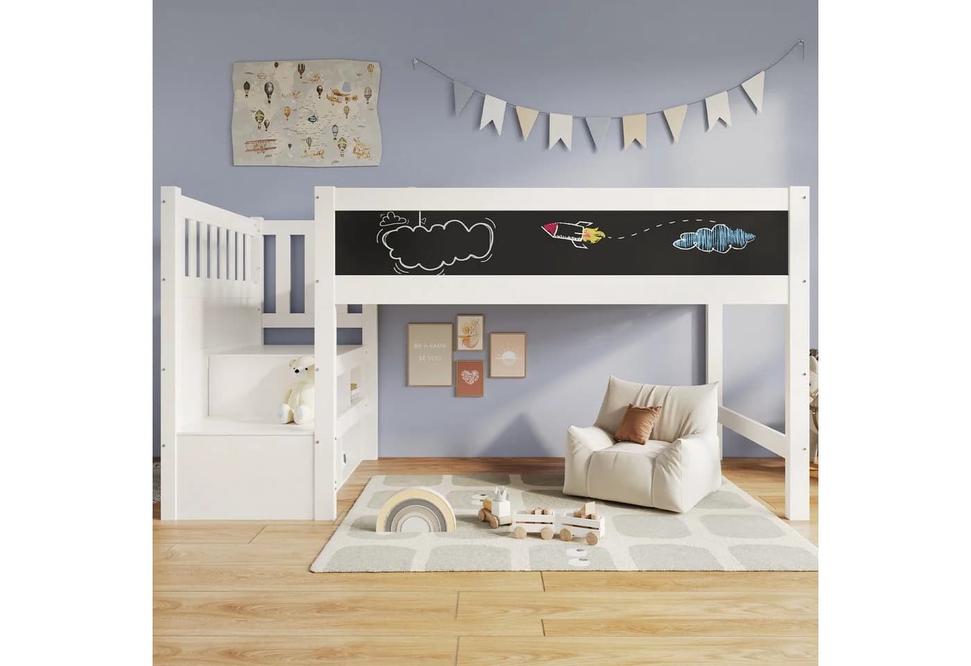 Flieks Kinderbett Hochbett mit Tafel und Stauraumtreppe