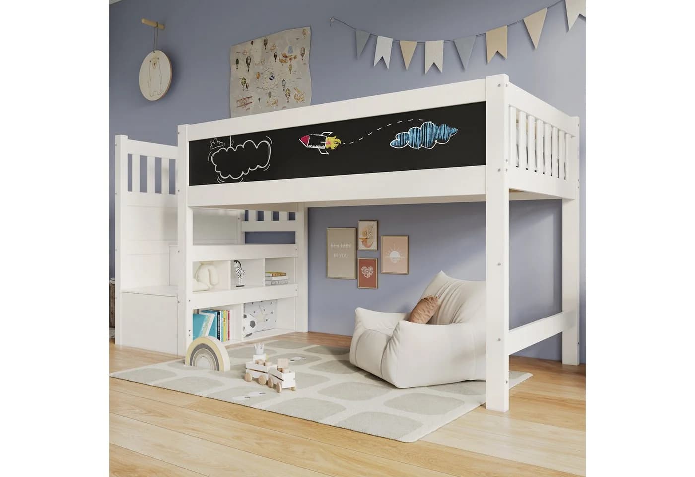 Flieks Kinderbett Hochbett mit Tafel und Stauraumtreppe - Bild 2
