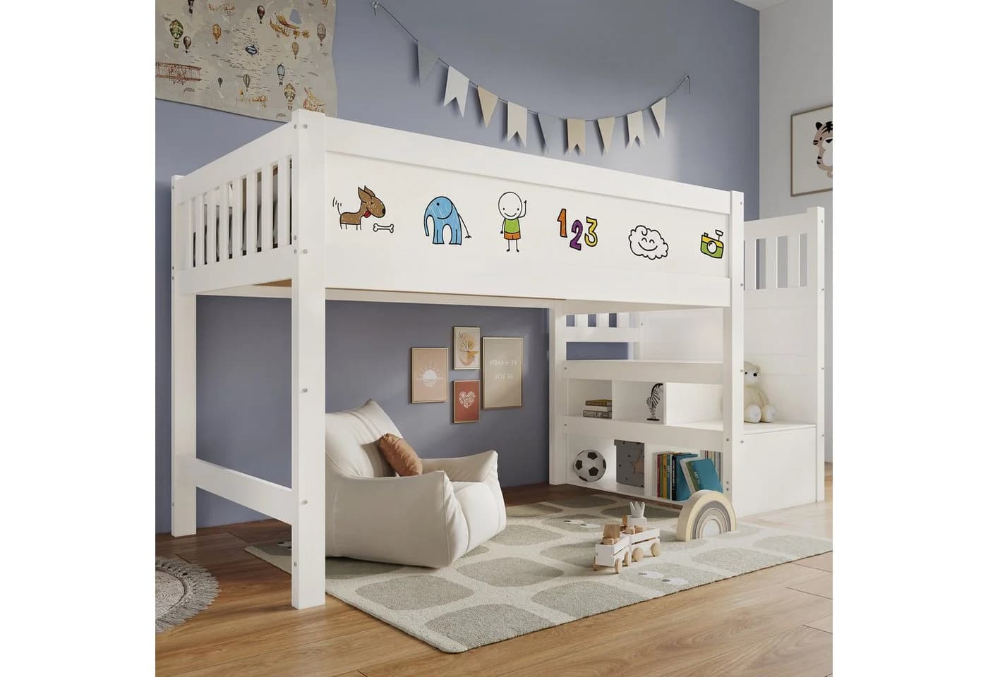 Flieks Kinderbett Hochbett mit Tafel und Stauraumtreppe - Bild 3