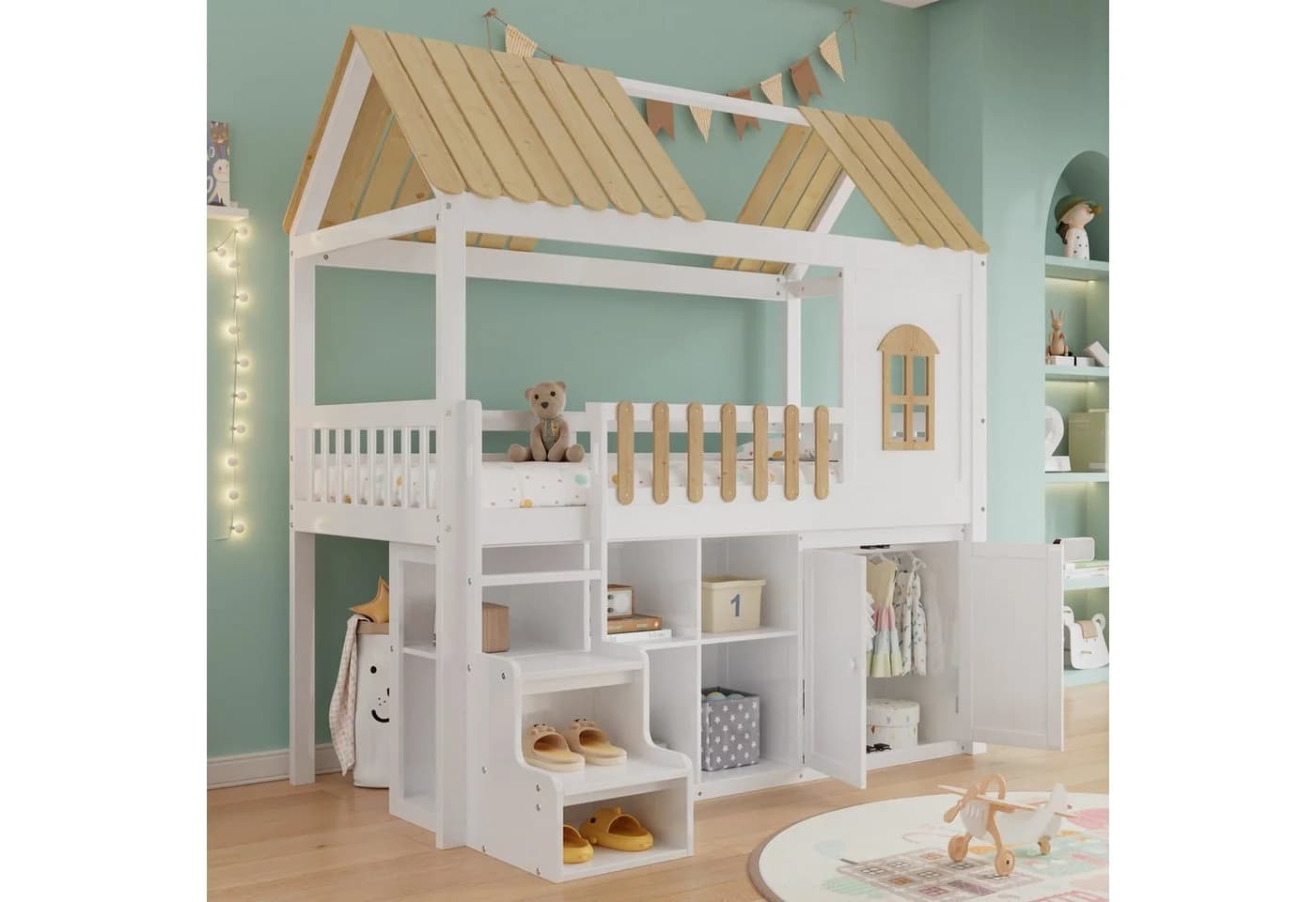 Flieks Hochbett Massivholz mit Kleiderschrank & Regalen - Bild 3